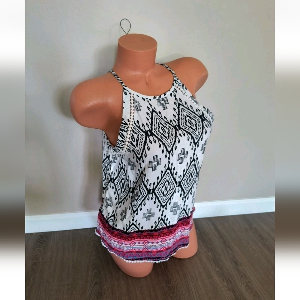 Mudd Women's Tank Top Tribal Print Scalloped Fringe Sleeveless Top Size Medium